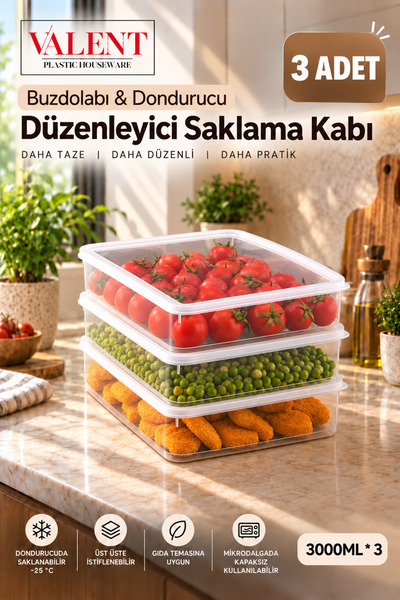 VALENT Fresh 3'lü 3 Litre Sızdırmaz Erzak Fresh Saklama Kabı - Şeffaf - Buzdo...