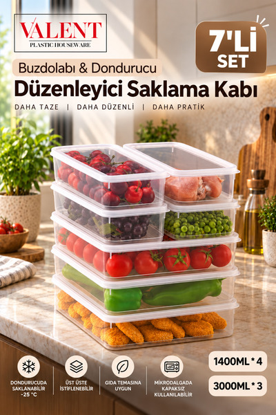 VALENT Fresh 7'li Set Sızdırmaz Saklama Kabı 3 adet 3000ml 4 adet 1400ml - Şe...