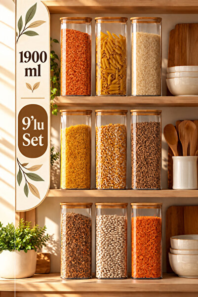Porsima 7-3 Bamboo Vacuum Lid Square Borosilicate Glass 9-Piece Jar Set Stora...