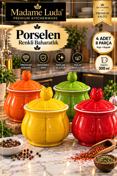 MADAME LUDA Porselen Baharatlık Takımı.8 Parça Renkli Kapaklı Baharat Seti-(K...