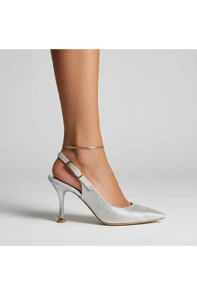 topuksarayı Tao gümüş simli sivri burun slingback ince topuk kadın abiye ayak...