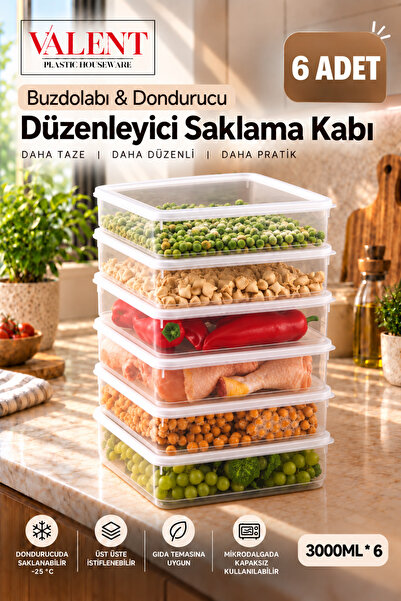 VALENT Fresh 6'lı 3 Litre Sızdırmaz Erzak Saklama Kabı - Şeffaf - Buzdolabı D...
