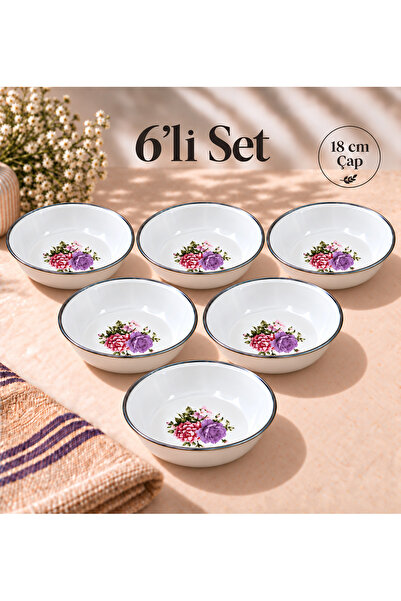emaye market Emaye Muhallebi 6lı Set Yemek Kahvaltı Tabak 18 Cm Desenli Çukur...