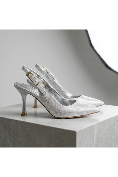 topuksarayı Tao Silver Glittery Pointed Toe Slingback Thin Heel Women's Evening Dress Shoes