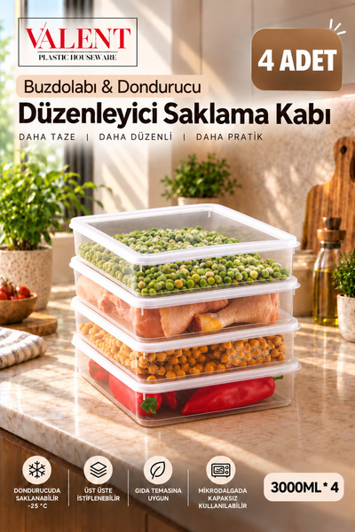 VALENT Fresh 4'lü 3 Litre Sızdırmaz Erzak Saklama Kabı - Şeffaf - Buzdolabı D...