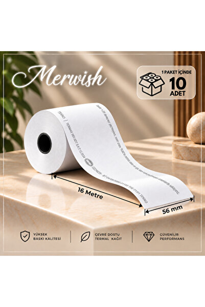 Merwish 56mm x 16m Termal POS Rulo Kağıt Termal Yazıcı ve Yazar Kasa İçin Uyu...