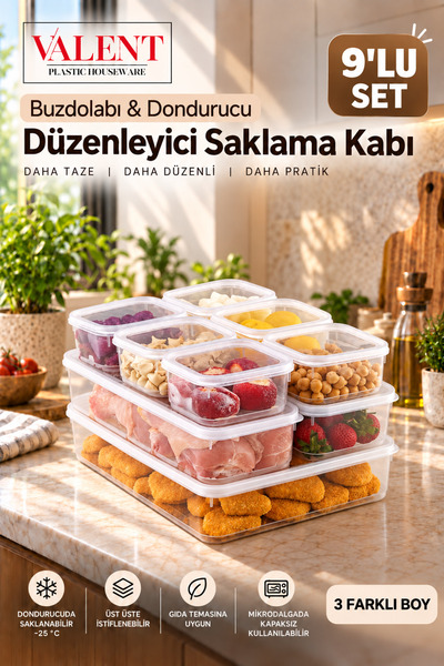VALENT Fresh 9'lu Sızdırmaz Erzak Saklama Kabı Seti 3000ml x1 1400ml x2 300ml...