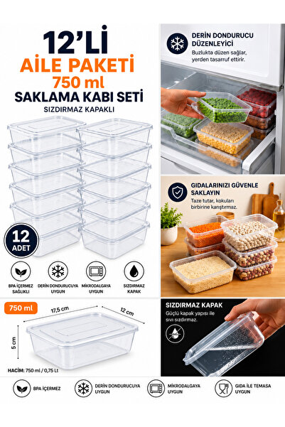 troykar 12 Adet 750 ml Saklama Kabı Sızdırmaz Kapaklı Buzluk Düzenleyici Deri...