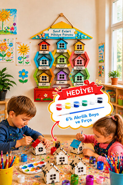 kutuTR 9 Ev Hikaye Panosu – Demonte Boyanabilir Ahşap Sınıf Etkinlik Panosu, ...