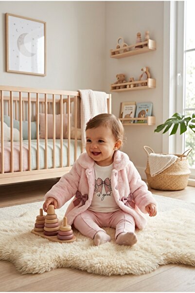 AHENGİM Kız Bebek Peluş Mont Fiyonklu Düğmeli Yumuşak Dokulu Kışlık Ceket Ak8548