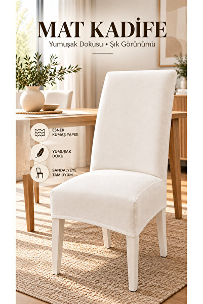 Loselya Ekru Mat Kadife Ultra Soft Yumuşak Esnek Sandalye Kılıfı - Yüksek Sır...