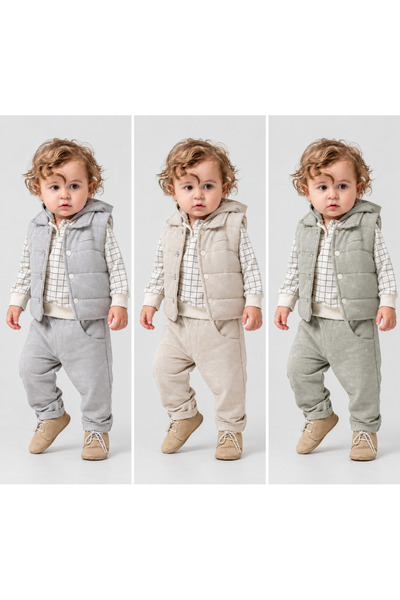 Hippıl Baby Düz Renk Süet Yelek Pantolon Çizgili Kapüşonlu Sweatshirt 3 lü Er...