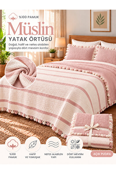 TekStilize %100 Pamuk 7 Kat Müslin Çizgili Tek Kişilik Yatak Örtüsü 180x260 cm