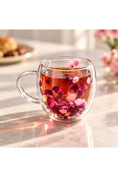ZÜRİH COLLECTİON Kurutulmuş Canlı Çiçekli Çift Cidarlı Çay Kupası Kahve Kupas...