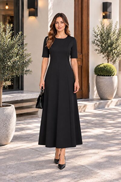 Maison La Femme Women's Black Long Dress Half Sleeve Crew Neck