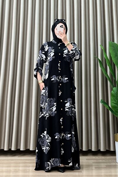 mercan moda ÇAĞLA ELBİSE Viskon Kumaş Kadın Siyah Çiçek Desenli Boydan Açılab...
