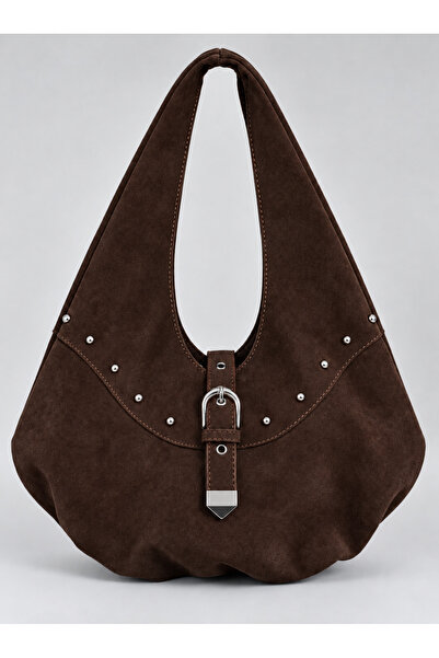 Madamra Brown Suede Women's Large Size Hobo Shoulder Bag with Metal Stud Deta...