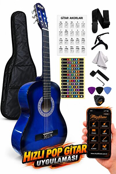 müzikhane 4/4 Tam Boy Mavi Klasik Gitar Akort Cihazı Kılıf Kapo Askı Pena Sti...