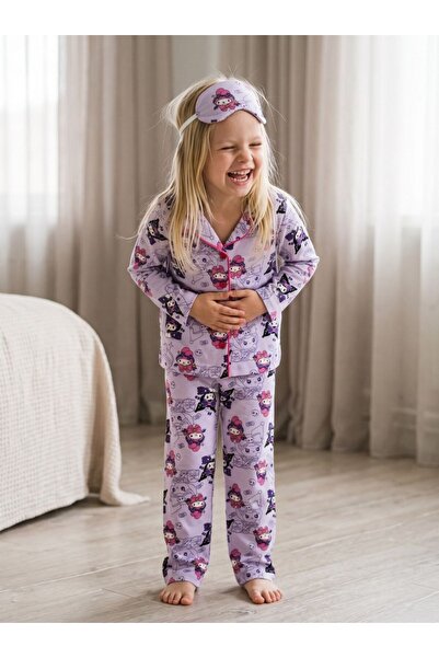 Genel Markalar Kız çocuk Kuromi mor pamuklu düğmeli pijama takımı