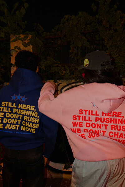 Sekizbiraltı Still Moving Baskılı Oversize Unisex İndigo Hoodie