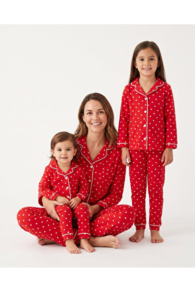 modaminikler Kız Çocuk Kırmızı Kalp Desenli Düğmeli %100 Pamuk 2'li Pijama Ta...