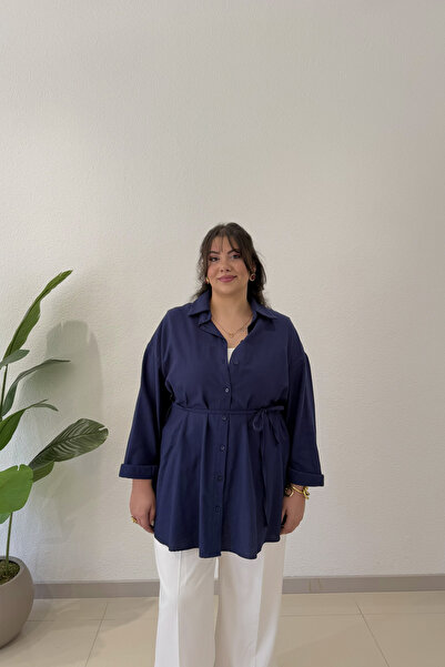CHUL Büyük Beden Kadın İnce Gabardin Keten Kemerli Oversize Gömlek - Lacivert