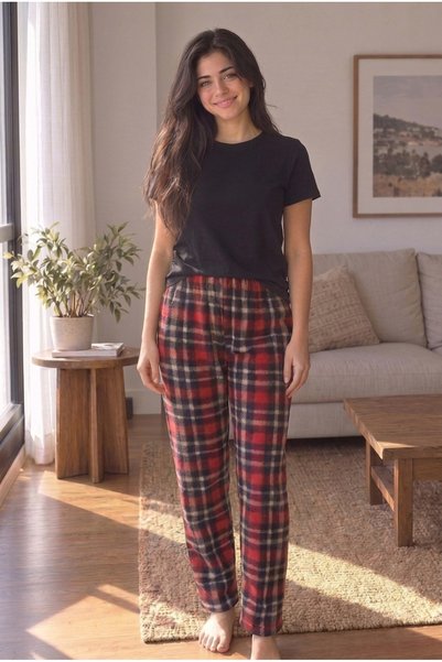 Yediler Tekstil Women's Comfortable Fit Soft High Waist Plaid Pattern Fleece Pajama Bottoms
