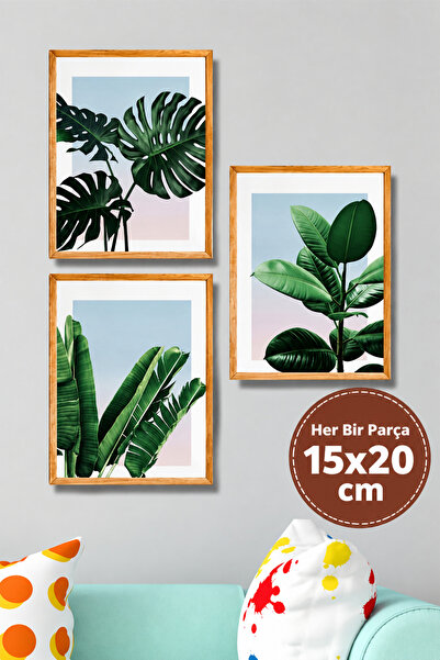 NT Handmade 3 Parça Ahşap Çerçeve Görünümlü Yeşil Yaprak Duvar Dekoru
