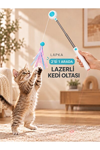 Lapka Design Kediler İçin 2’si 1 Arada Lazerli Teleskopik Olta Oyuncağı, Deği...
