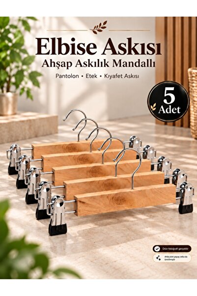 Hausgarten 5 Adet Elbise Askısı Ahşap Askılık Mandallı Kıyafet Askısı etek As...