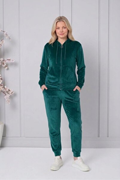Ryam Velvet Hooded Zippered Top and Bottom Pajama Tracksuit Set