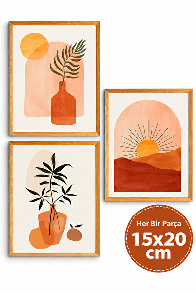 NT Handmade 3 Parça Ahşap Çerçeve Görünümlü Güneş Duvar Dekoru - Salon Oturma...
