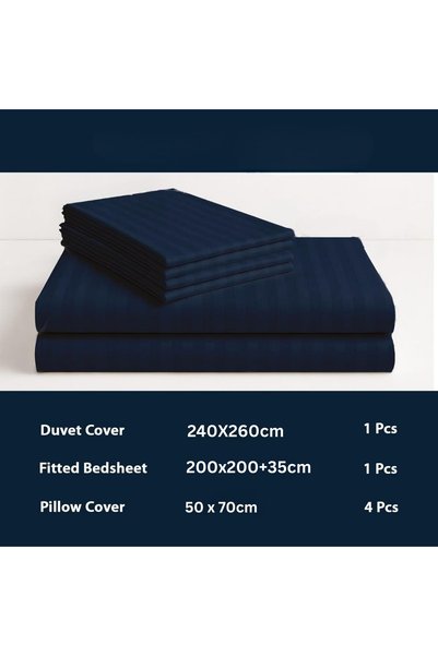 EliteStore 6 pcs Striped Duvet Cover Set Super king Size 240x260 Bedding Set – 1 Fitted Sheet, 1 Quilt Cover, 4 Pillowcases, Navy Blue