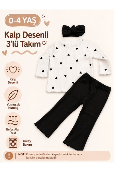 Kız Bebek Ve Çocuk Bandanalı Kalpli İspanyol Paça Taytlı Takım