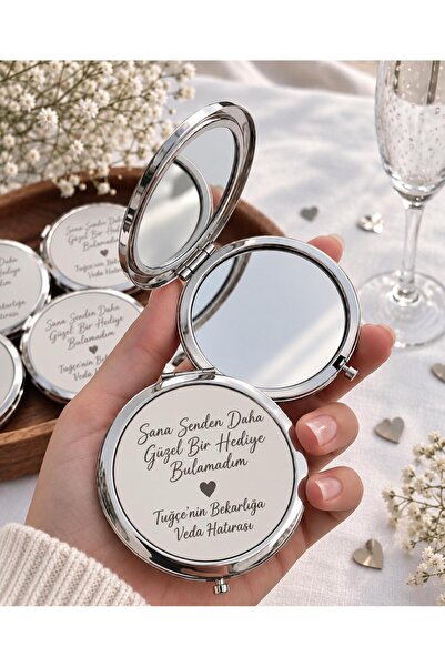 5 Adet Kişiye Özel Baskılı Bride Hediyelik Gümüş Cep Aynası, Kutulu, Bekarlığa Veda