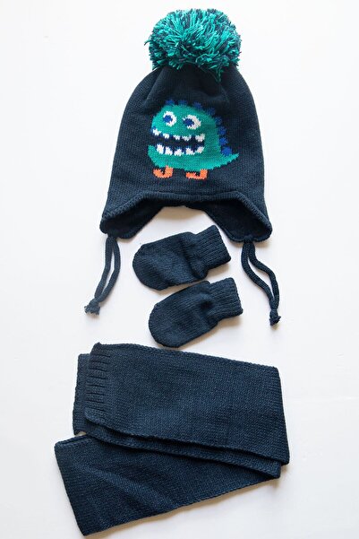 Mika Bebek & Çocuk Dinosaur Patterned 0-18 Months Baby Boy Navy Blue Hat, Scarf and Glove Set