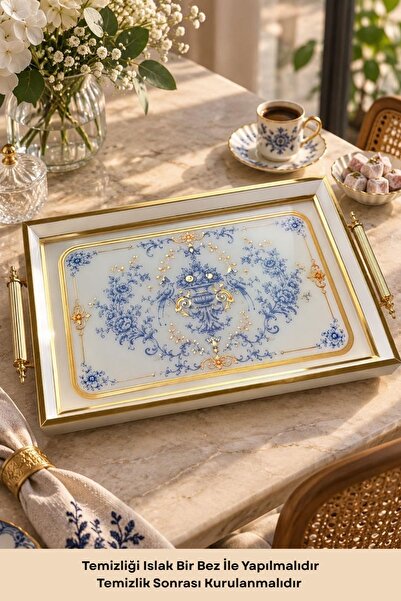 Seral Çırağan Cam Baskılı Dikdörtgen Servis Tepsisi 48x29 cm Hologram Altın K...
