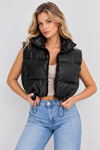 İLKCET MODA Bel Lastikli Şişme Kadın Deri Kısa Yelek