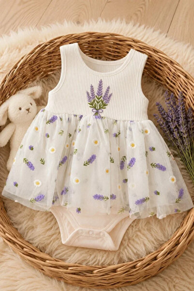 Tuğra Bebe Kız Bebek Lavanta ve Papatya Desenli Tüllü Etekli Çıtçıtlı Body El...