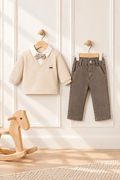 Tuğra Bebe Baby Boy Thessaloniki Knitted Bow Tie Shirt with Collar and Rabbit...