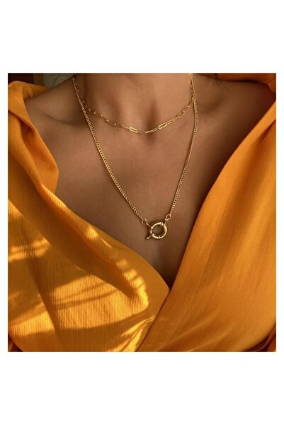 Bijustore Altın Kaplama Halka Kilit & Zincir Ikili Kadın Choker Kolye
