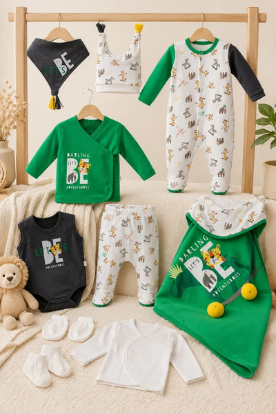 imajbebe Safari Erkek Tulumlu 10 Parça Hastane Çıkışı, Zıbın Seti, Bebek Takım