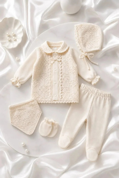 Tuğra Bebe Off-white , Lace detailed , 100% cotton baby girl's 5-piece hospit...