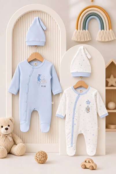Tuğra Bebe Unisex Bebek %100 Pamuk 2’li Tulum ve Şapka Seti