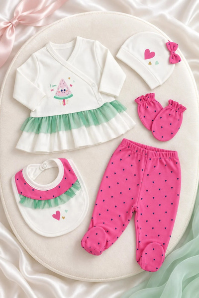 İmaj Baby Girl Pink Watermelon Patterned 5-Piece Hospital Discharge Set - 100...