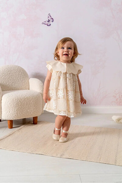 NoyNoy Baby Bebikim Baby Girl Cream Daisy Embroidered Lace Detailed Dress and...