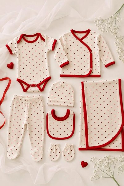 Tuğra Bebe Newborn Baby Heart Patterned 7 Piece Hospital Discharge Set with R...