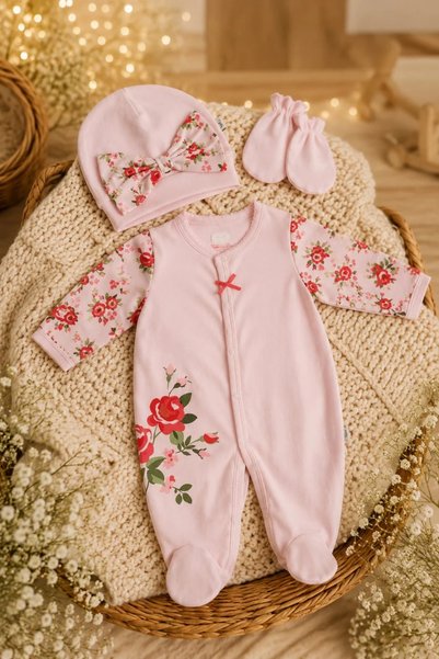 Tuğra Bebe Baby Girl Rompers with Rose Hat