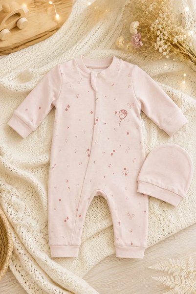 Tuğra Bebe 100% Cotton Baby Romper and Hat Set