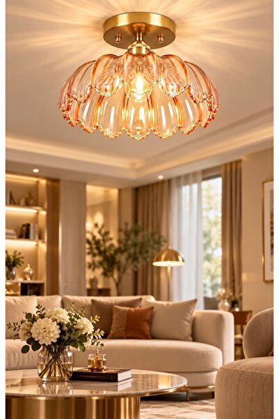 burenze Bella Cam Classic Orijinal El Yapımı Amber Bal Renk Camlı Tavan Avize Eskitme Gold Gövde